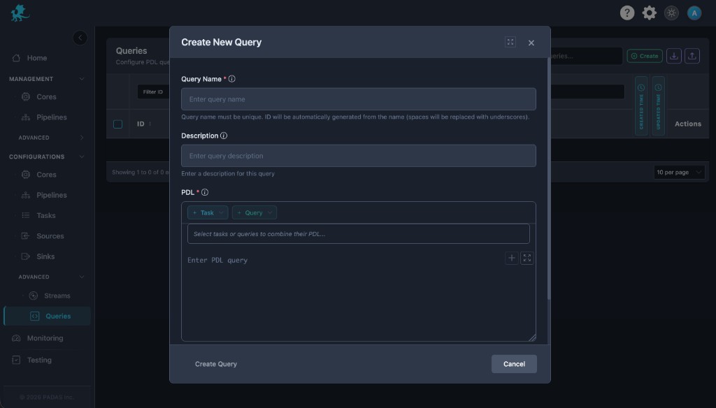 Create New Query modal with Query Name, Description, PDL editor and Task Query helpers