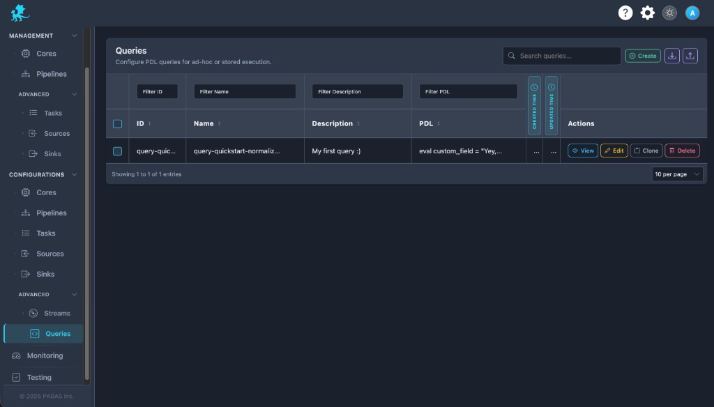 Queries list: search, Create, registry upload and download, PDL column