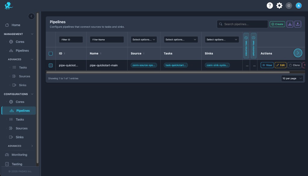 Pipelines list: search, Create, registry upload and download, filters and row actions