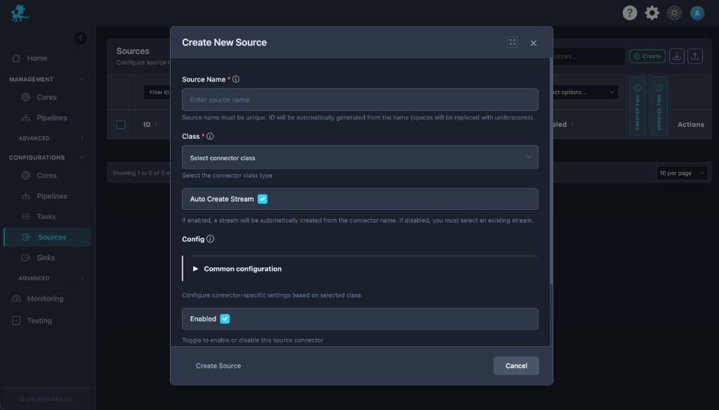 Create New Source modal: Source Name, Class, Auto Create Stream, Config, Enabled