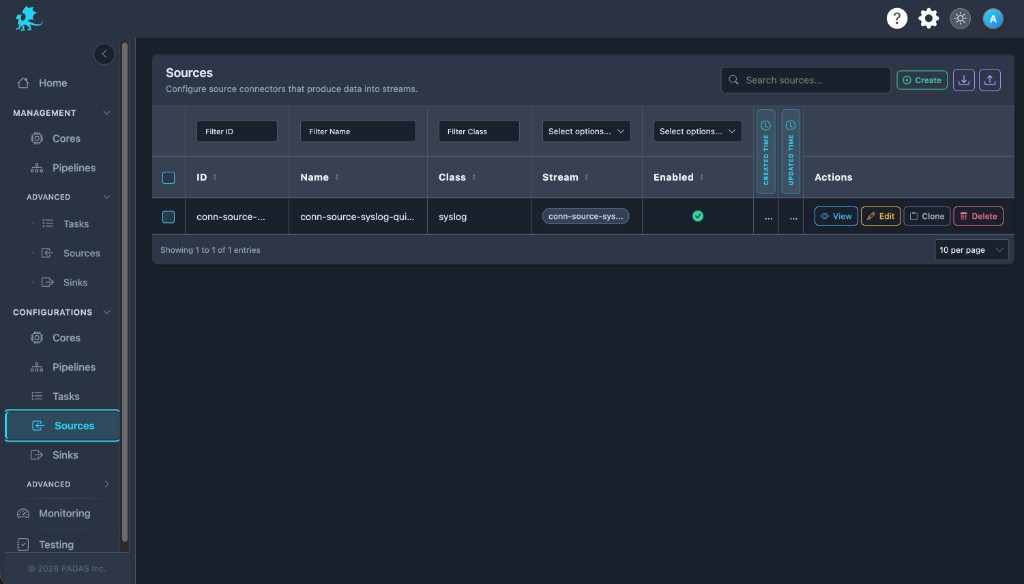 Sources list: search, Create, registry upload and download, column filters