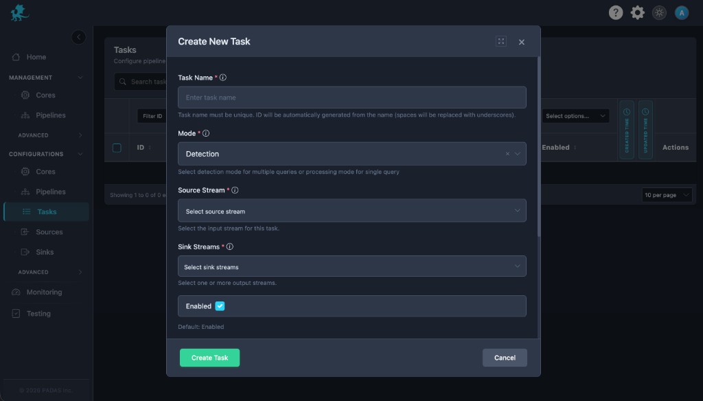 Create New Task modal with Mode Detection