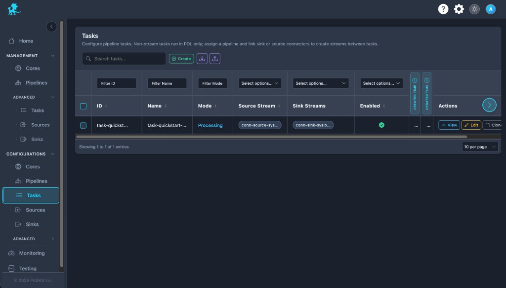 Tasks list: search, Create, registry upload and download, column filters