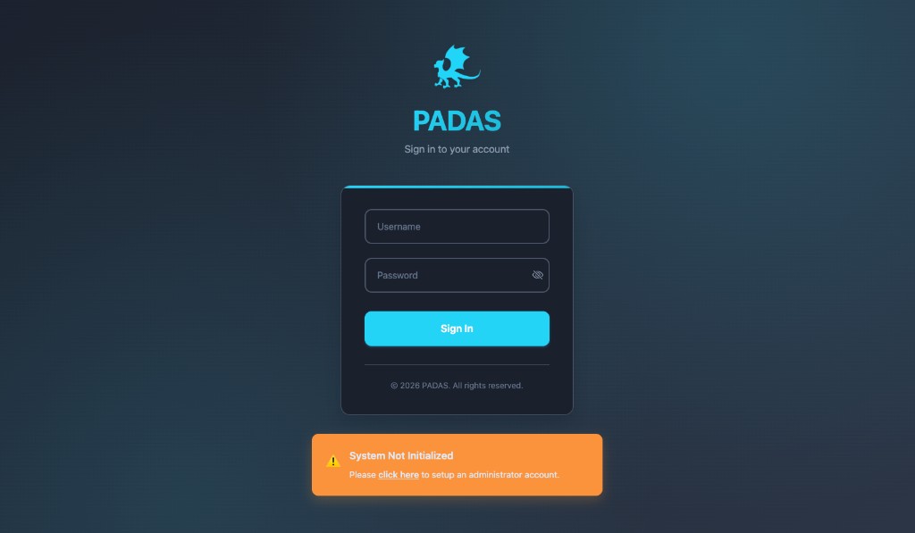 Sign-in page with System Not Initialized banner