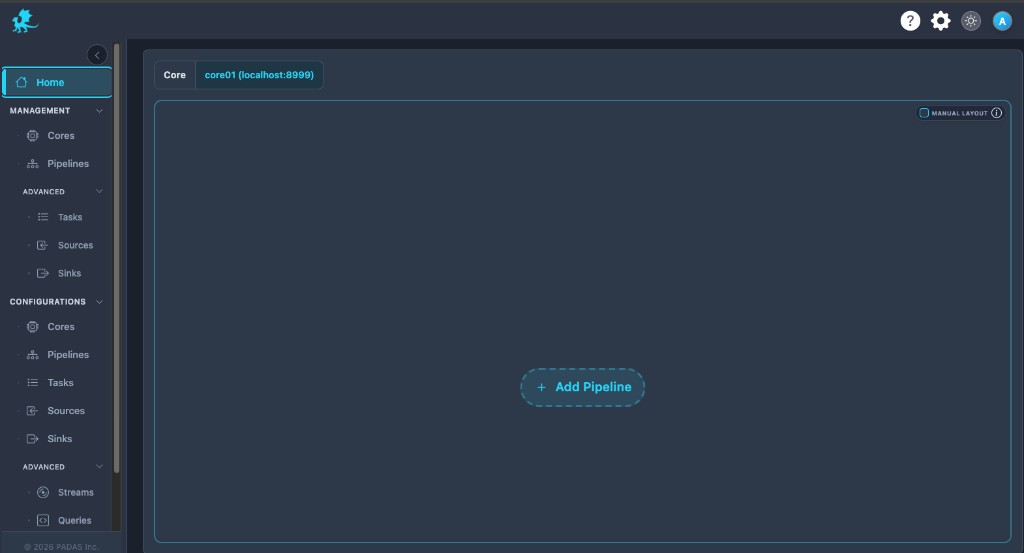 Control Tower: Core selector and empty workspace with Add Pipeline