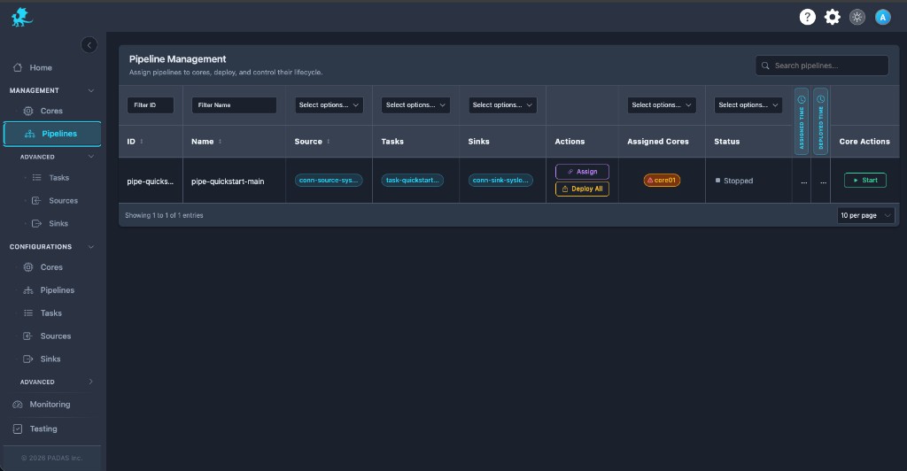 Pipeline row with pending deploy cues