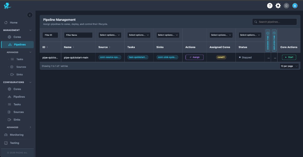 Pipeline stopped with Start available