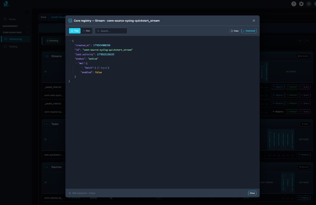 Registry stream modal JSON tree status WAL fields