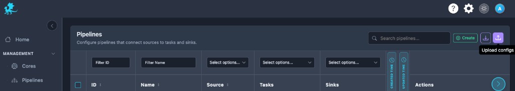 Pipelines list with Upload