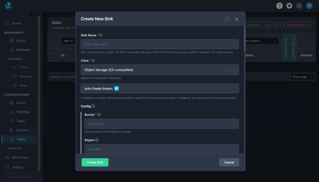 Create New Sink modal with class Object storage S3-compatible, Auto Create Stream checked, Bucket and Region