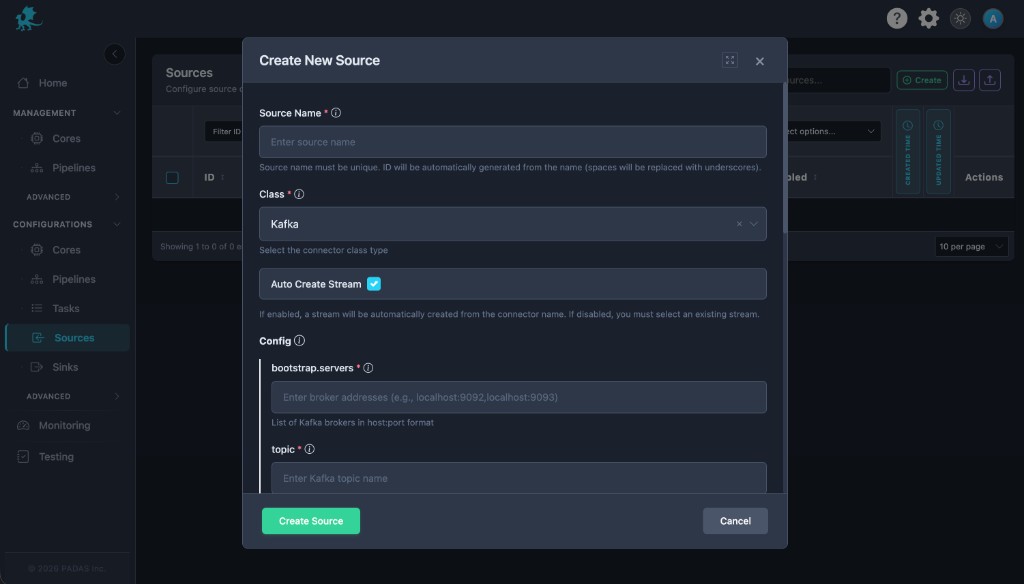 Create New Source modal with Class Kafka: bootstrap.servers and topic