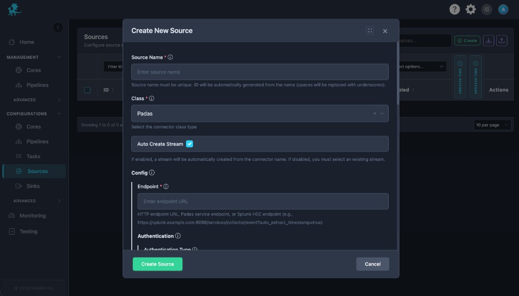 Create New Source modal with Class Padas: Endpoint and Authentication