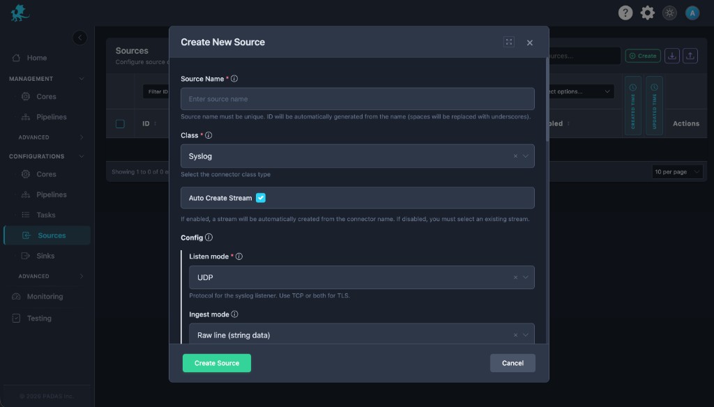 Create New Source modal with Class Syslog: Listen mode and Ingest mode
