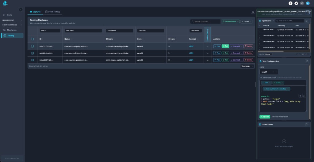 Testing captures table Capture Events Upload Test Download