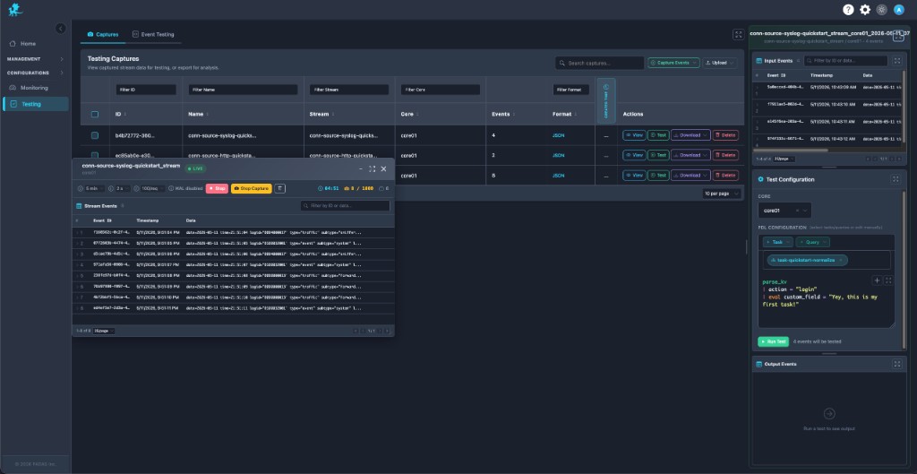 Live capture modal with LIVE badge event table and capture limits