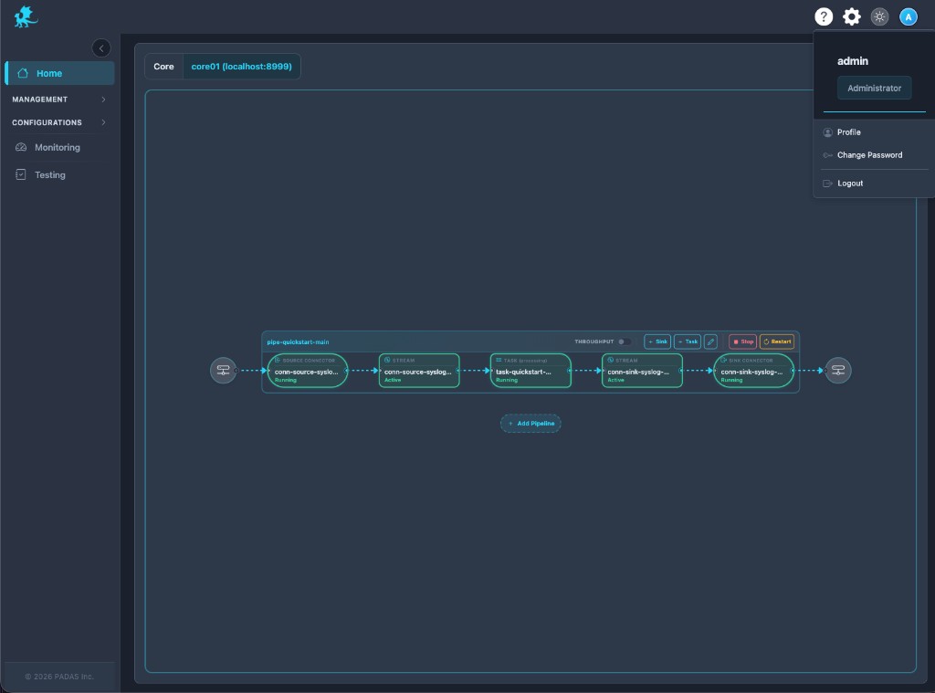 Home: user avatar menu with admin username, Administrator badge, Profile, Change password, Logout